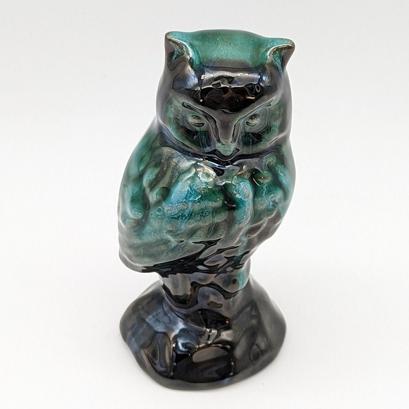 Blue Mountain Pottery Owl Drip Glaze Blue Green Brown Redware Vintage - Picture 12 of 13